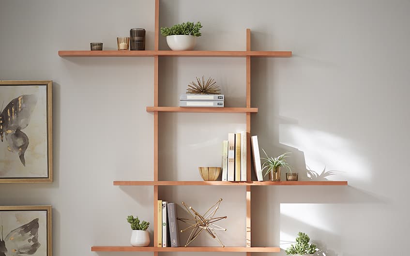 wall art with decorative wood shelves and accessories