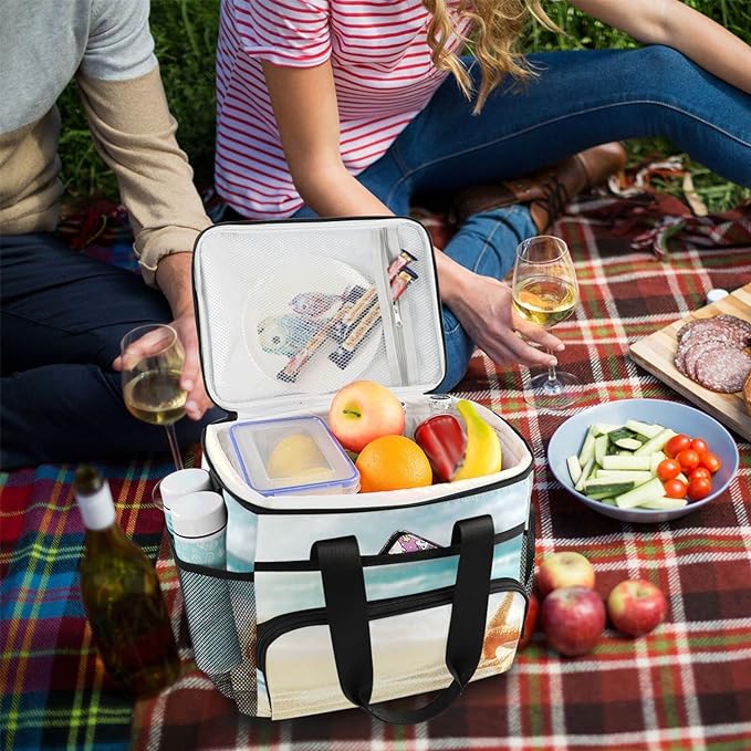 soft cooler bags with food and drinks on picnic