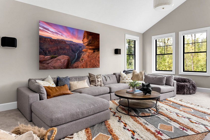 living room with one big acrylic photo print of nature