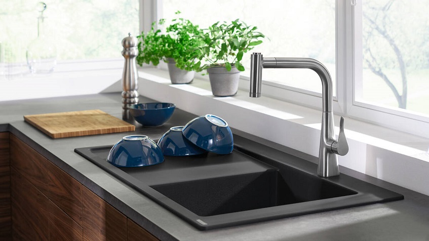 kitchen with black granite sink