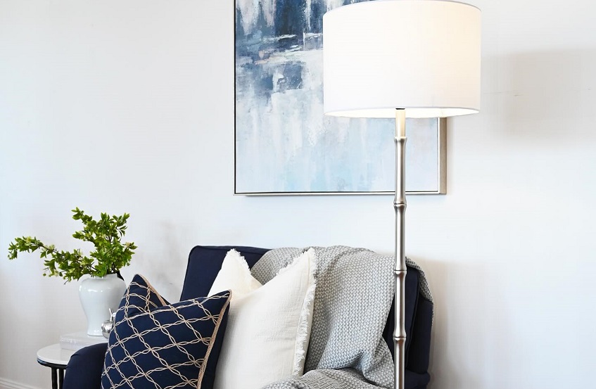 Hamptons-style floor lamp and wall art