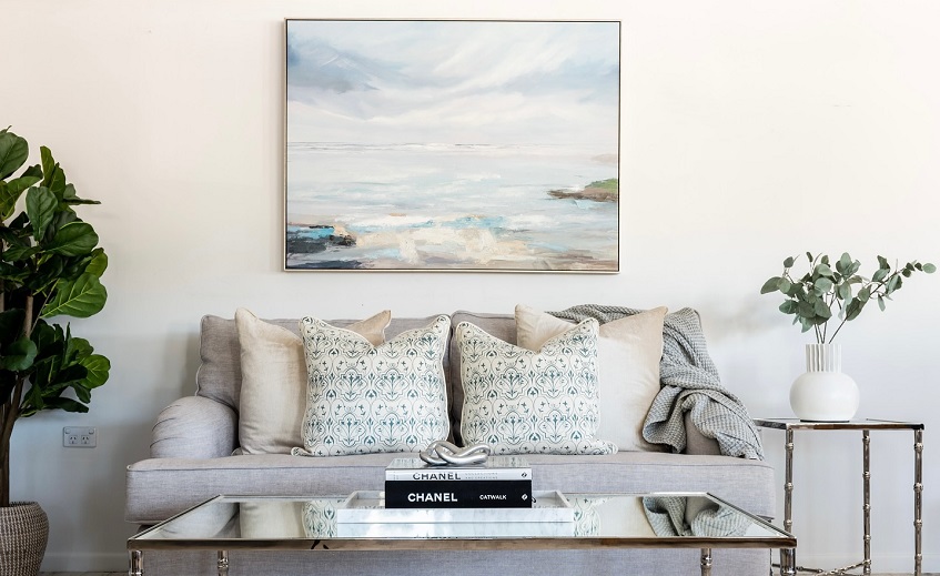 unique wall art in Hamptons style above the sofa