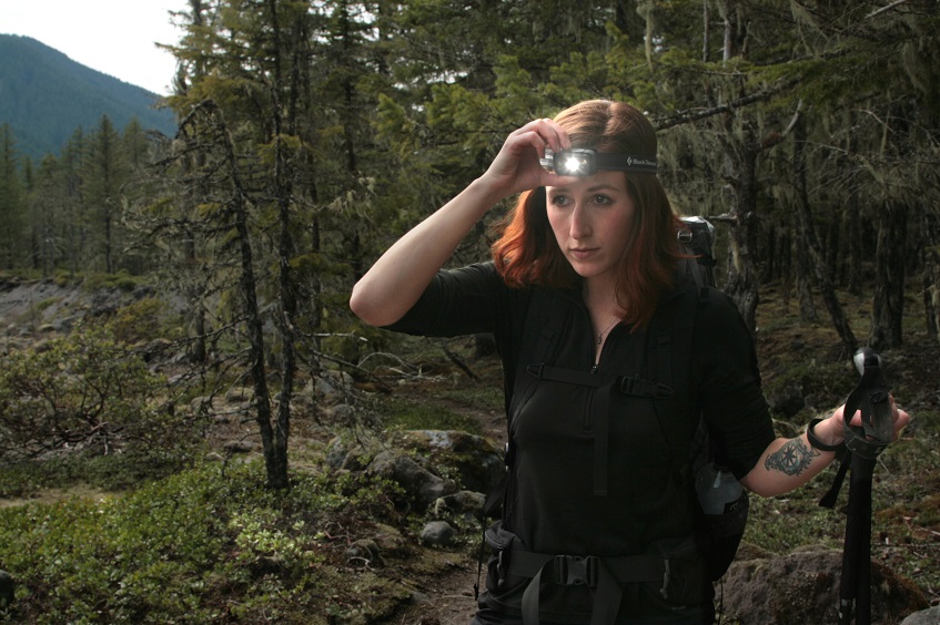 hiker with headlamp