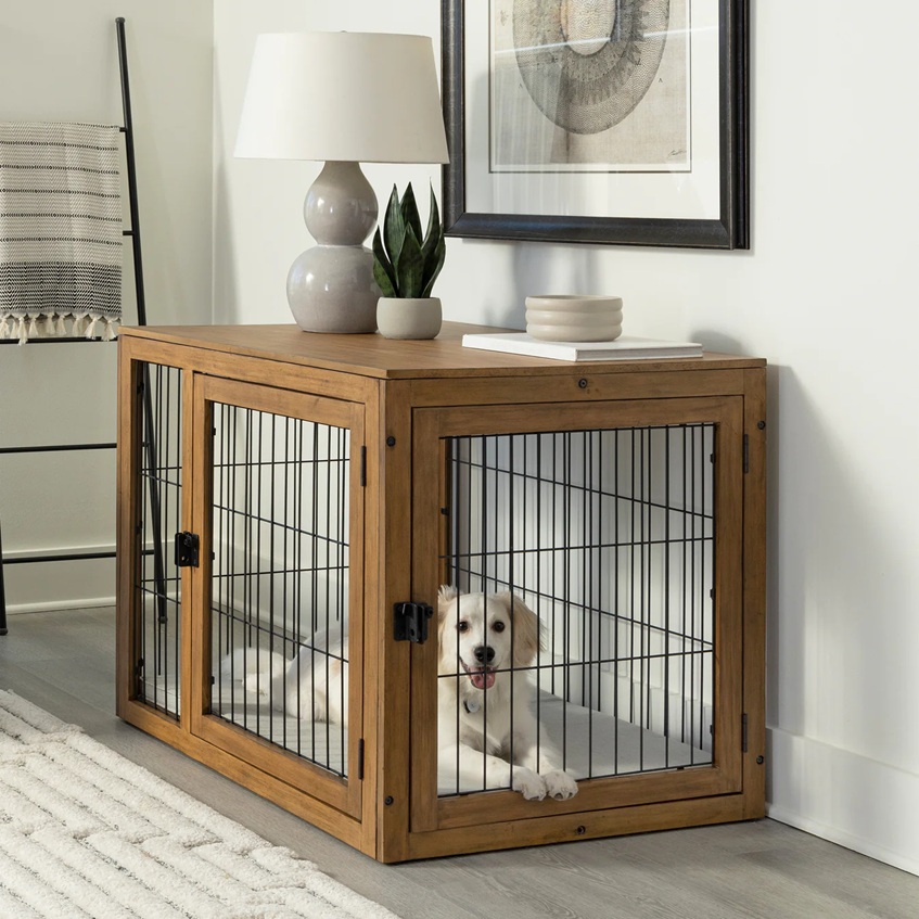 dog laying in wooden pet crate
