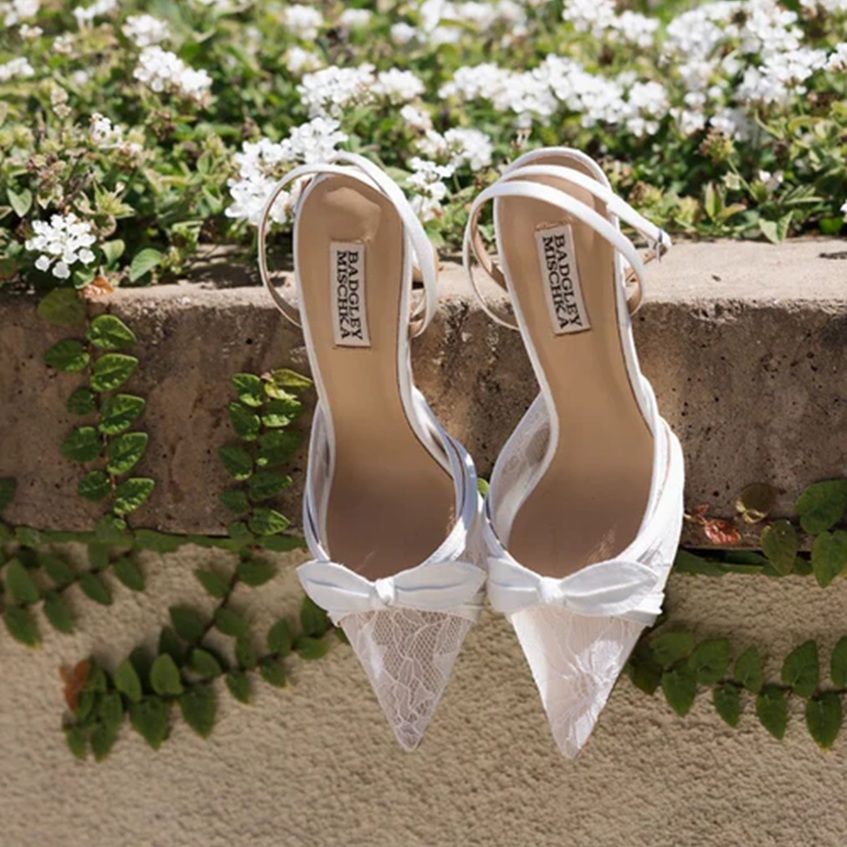 Josie - Pointed Toe Lace Ankle Strap Pumps - Soft White